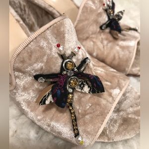 pink velvet mules with dragonfly details